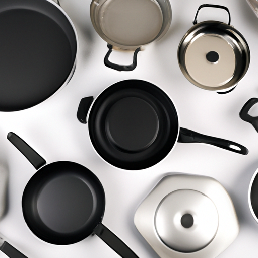 Various types of cookware including stainless steel, cast iron, and non-stick pans