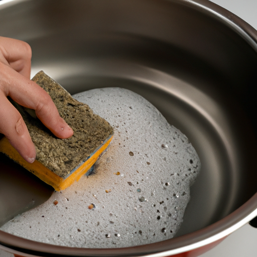 A close-up of a non-stick cookware pan being cleaned with a soft sponge