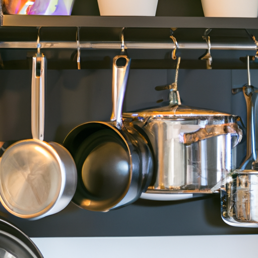 Assortment of pots and pans hanging on a kitchen rack