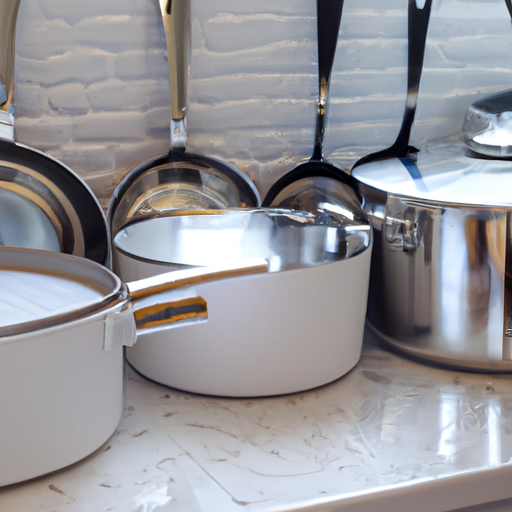 A variety of cookware sets displayed on a kitchen countertop