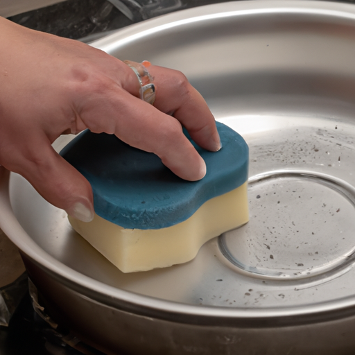 Hands cleaning and maintaining cookware with a soft sponge